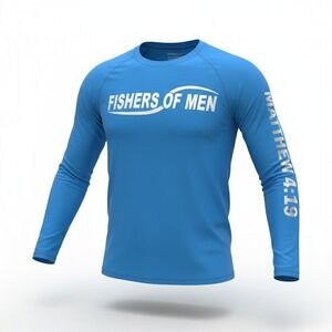 BAW Performance Shirt Mens LG Blue Excellent Fishers of Men Matthew 4:19 LS